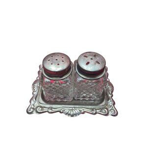 Silver Plated Place Setting Glass Salt & Pepper Shakers Platter Vintage Hong Kon